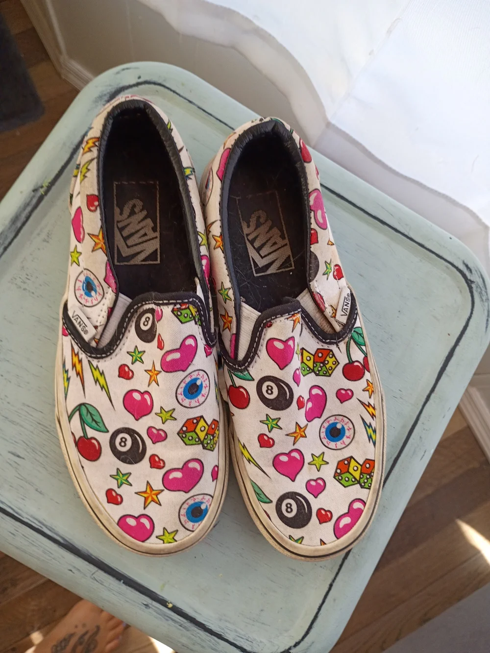 Vans Kids Slip-On Sneakers Cream Multi Icon Hearts Cherries Stars 8-Ball Sz 5